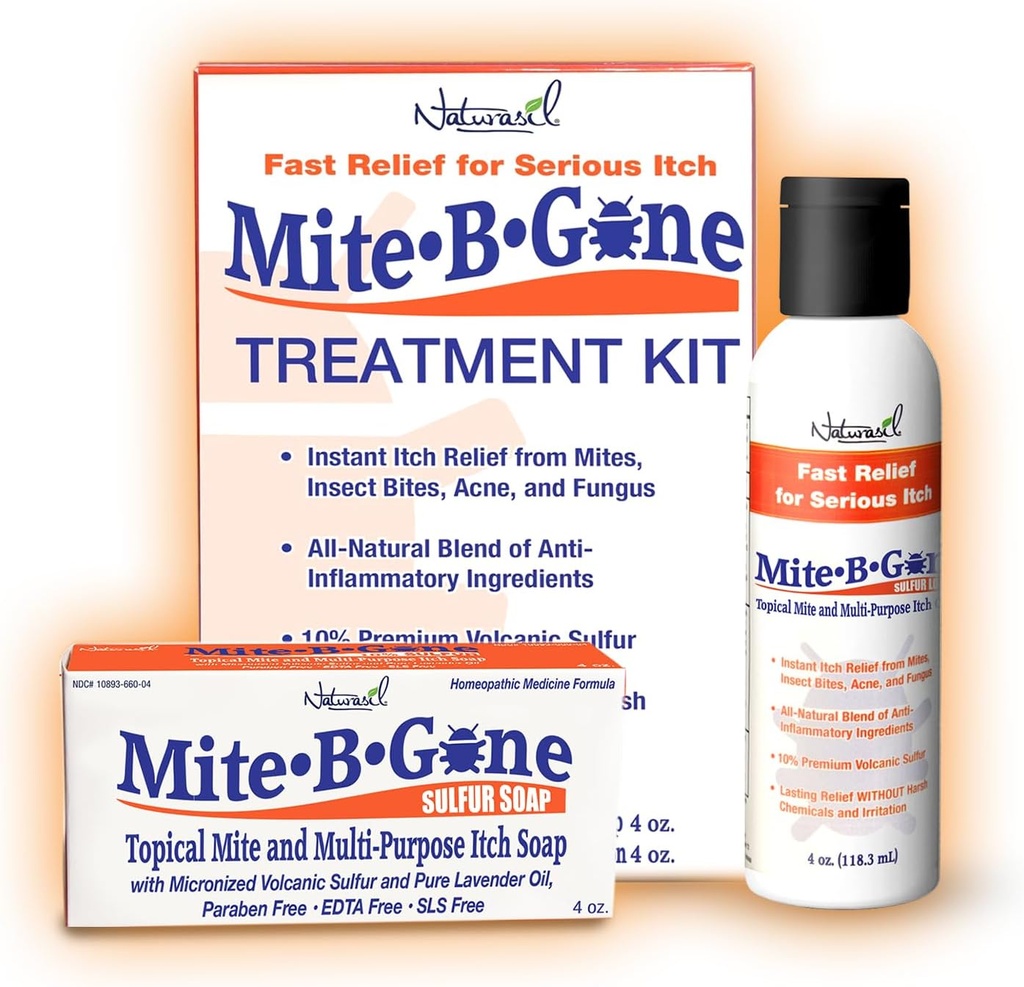 Lotion et savon de traitement des mites par Mite-B-Gone.Relief naturel pour l'acné, les bouts de bogues, la rougeur de la peau et les démangeaisons, le malaise et la Rosacea.