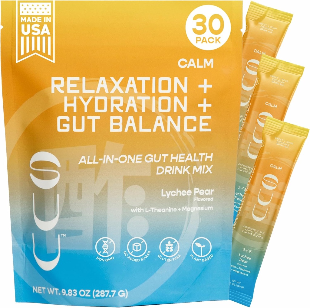 Calm Gut Health Drink Mix|Apple Sider Vinegar Prebiotics,Probiotics Gut Health for Women & Men|L-Theanine & Magnesium| Digestive Health & Mood Support, Relax & Hydration|Lychee Pear,30 Servings