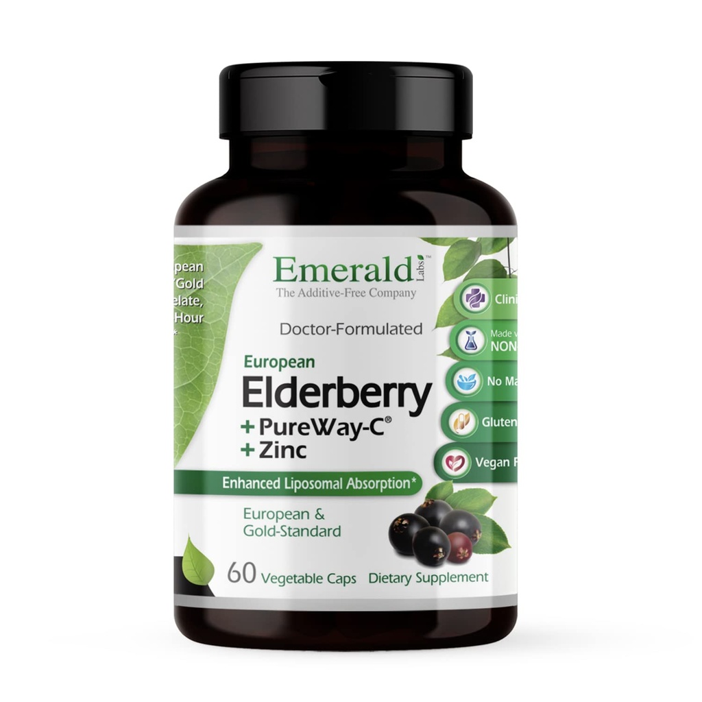 EMERALD LABS Elderberry Plus - Supporto Digestivo e Immune con Estratto di Mirtillo Europeo, Vitamina C come PureWay-C & Albion Chelated Zinc - Vegan & Gluten-Free - 60 Capsule Vegetali (30-Day Supply)