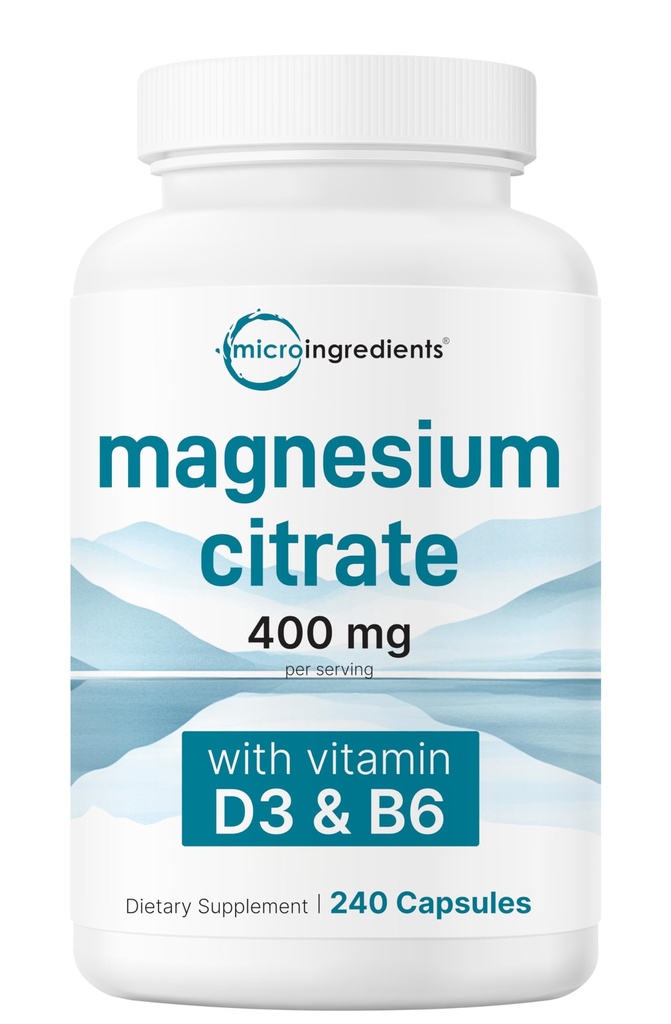 Micro Ingredients Magnesium Citrate 400mg, 240 Kapseln | mit Vitamin D3 1000IU & B6 | Muskel, Herz & Verdauungs-Gesundheit | Elemental Mineral & Vitamine Complex | Non-GMO