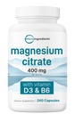 Micro Ingredienti Citrato di magnesio 400mg, 240 capsule | con vitamina D3 1000IU & B6 | Muscolo, cuore e salute digestiva | Minerali elementali & vitamine Complesso | Non OGM