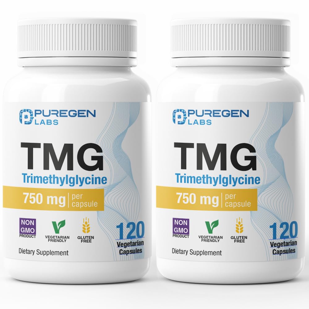 Puregen Labs TMG 750 mg – [High Potency] Trimethylglycine Supplement – Ermutigt gesunde Homocystein Levels, Non-GMO, NO Gluten und Dairy | Made in USA - 2 Pack - Insgesamt 240 vegetarische Kapseln