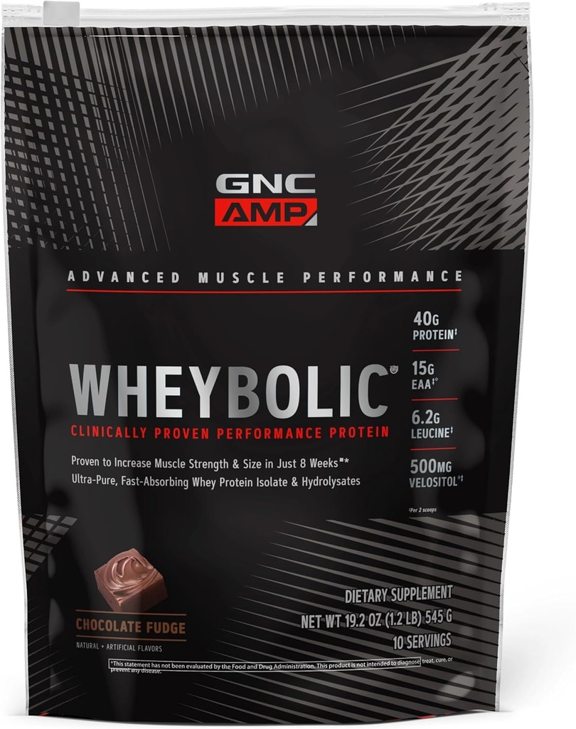 GNC AMP Wheybolic polvere proteica clinicamente provata, 40g Whey Protein, BCAA, leucina, aumenta la resistenza muscolare, costruzione del muscolo, 3 ° partito testato, fudge di cioccolato, senza glutine, 10 porzioni