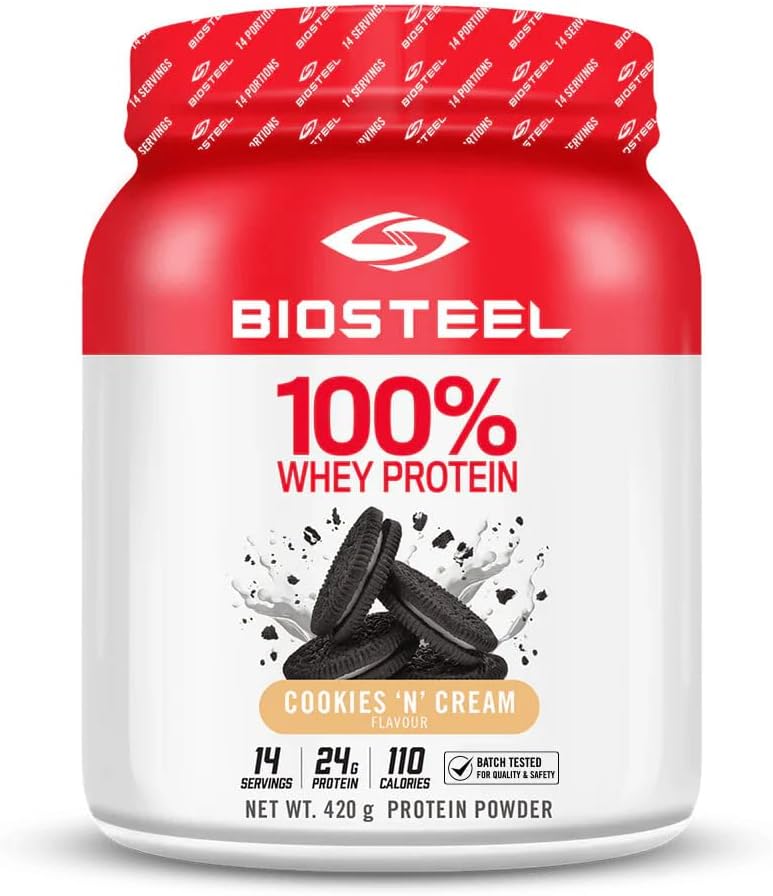 BIOSTEEL 100% poudre de protéines de lactosérum - Cookies et crème, 14 portions, 24g de protéines, protéines de lactosérum pour les athlètes pro, sans sucre, sans rBGH, sans OGM, récupération améliorée et construction musculaire