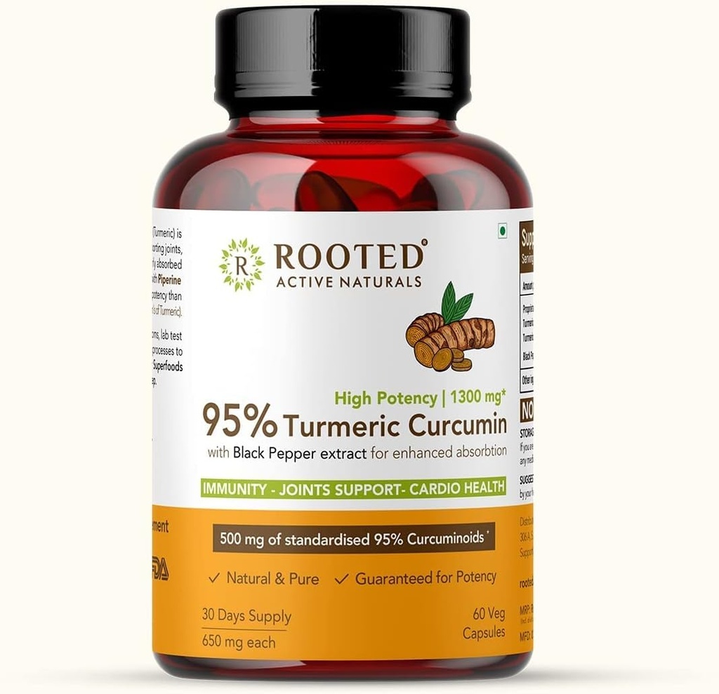 Curcumin (95%) mit Black Pepper Extract (für bessere Aufnahme),1300mg, für Immunität, Gelenke Gesundheit | 60 Veg Kapseln, 650 Mg Jede