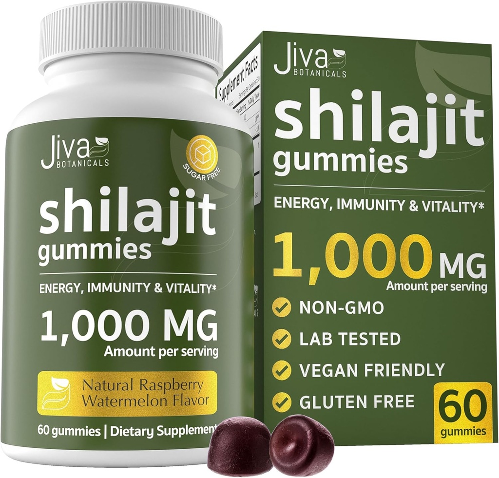 Jiva Botanicals Pure Shilajit da The Himalayas Gummies per gli uomini e le donne - Shilajit Gummies 1000mg per l'invecchiamento sano, Immune System & Normal Energy Support - Sugar-Free, Vegan, 60 Count (Pack of 1)