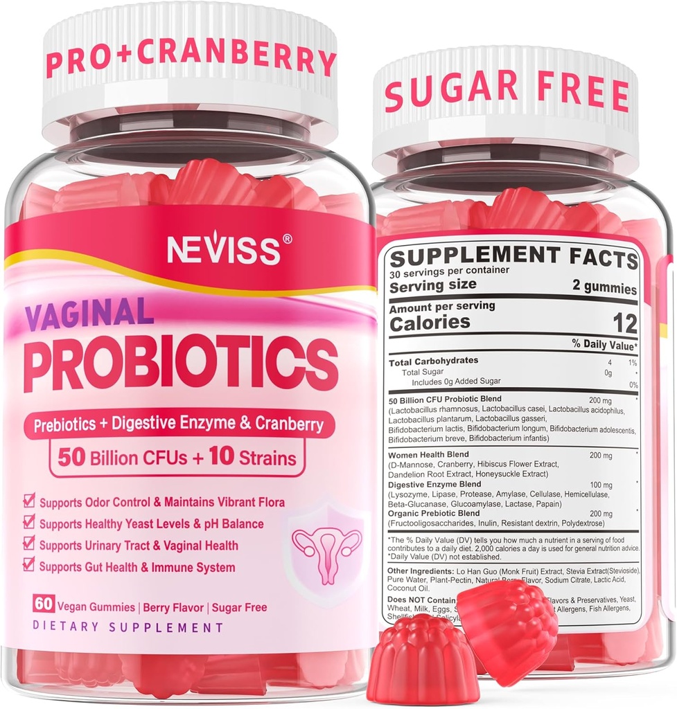 Vaginale Probiotika Gummie für Frauen PH Balance, Odor Control mit Präbiotika, Cranberry, D-Mannose, Fördert Feminine Gesunde Vaginal Flora, Urinary Tract, Hefe, Verdauungsunterstützung, Sugar Free,60Cts