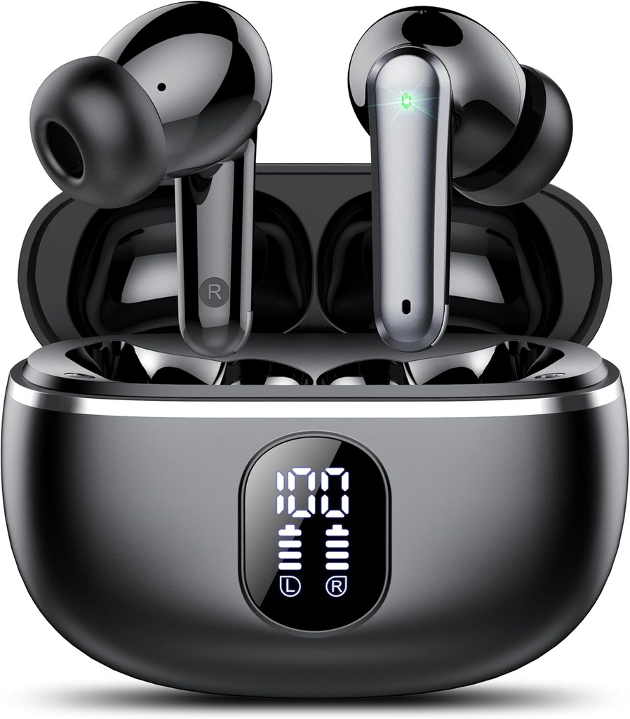 Ecouteurs sans fil, Bluetooth 5.3 Casques Big Bass Stéréo, Bouds d'oreilles avec affichage LED Mic annulant le bruit, dans les écouteurs IP7 étanche, 50H Playtime pour les sports, noir