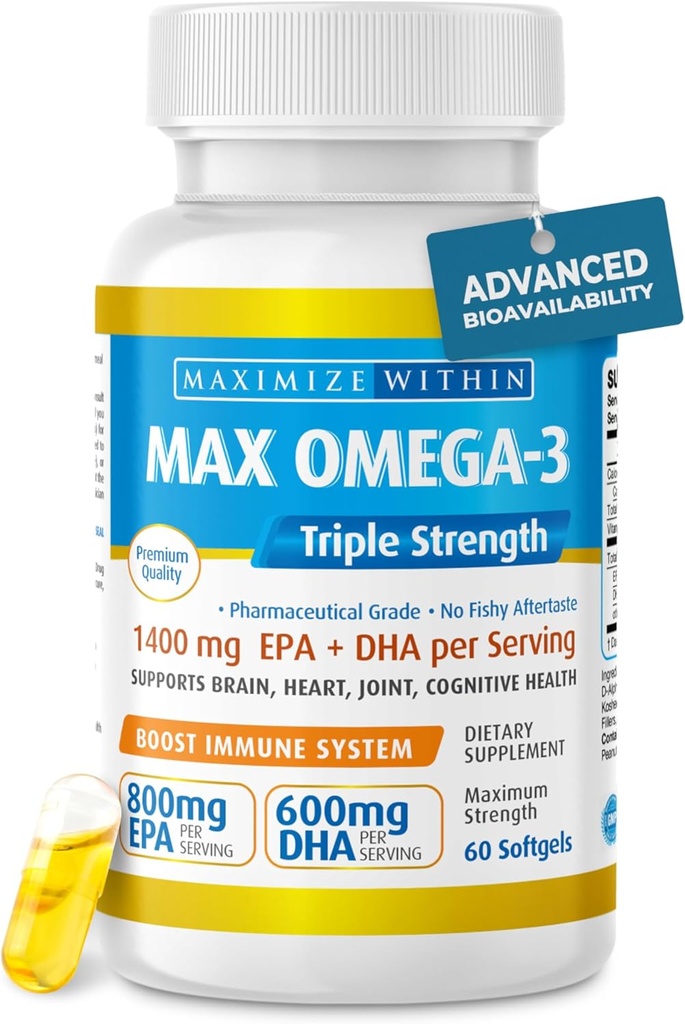 Maximale Slim Max Omega 3 Fischöl Pillen - Dreifache Stärke Fisch Öl Supplement (2000 mg Gesamt Omega 3 Fettsäuren: 600 mg DHA + 800 mg EPA pro Portion)