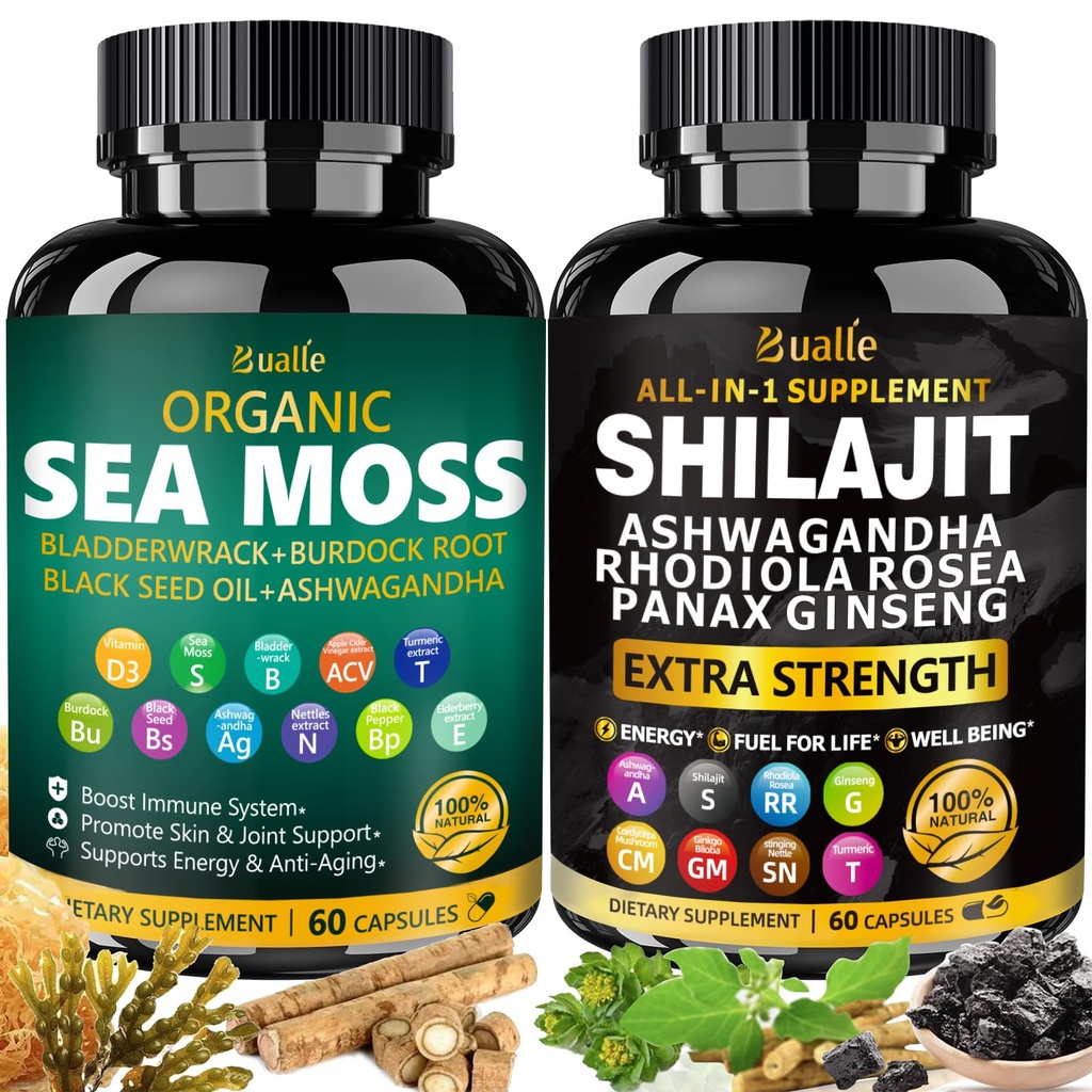 Bualle Sea Moss e Shilajit Bundle-Sea Moss 300mg,Black Seed Oil 100mg,Ashwagandha 50mg,Ginger & Shilajit 300mg,Rhodiola Rosea 100mg,Panax Ginseng 50mg,All in 1 Supplements- Made(2 Pack)
