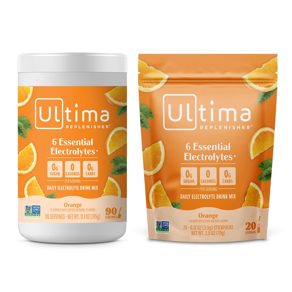 Ultima Replenisher Electrolyte Powder Drink Mix Bundle – Sugar Free – Arancione, 90 Canister e 20 Stickpacks – 6 Elettroliti e Minerali – Keto Friendly, Vegan, Non OGM