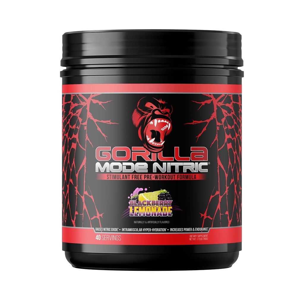 Gorilla Mind - Gorilla Mode Nitrique amélioré Stimulant libre pré-entraînement – Meilleur Dégustation et plus efficace Stimulant libre pré-entraînement / Massive pompe · Vasodilatation · Puissance / 780 Grams (BlackBerry Lemonade)