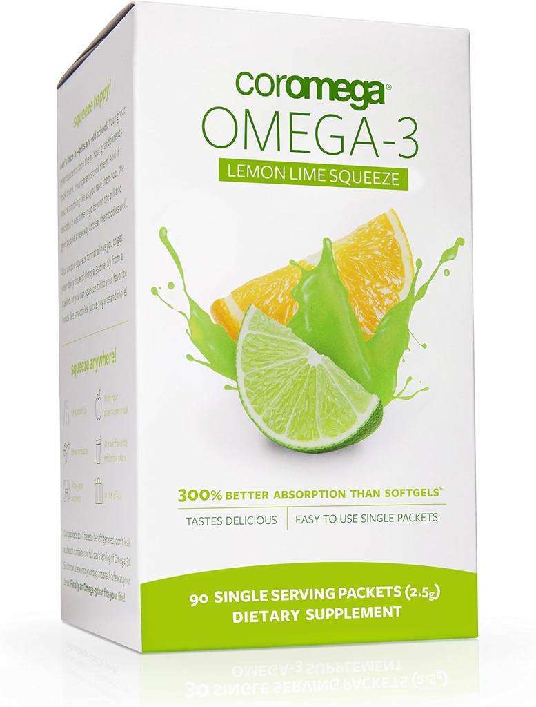 Coromega Omega 3 Fish Oil Supplement, 650mg of Omega-3s with 3X Better Absorption Than Softgels, Lemon Lime Flavor, 90 Single Serve Squeeze Packets