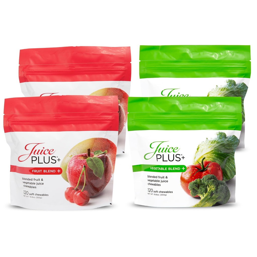 JuicePlus+ Frucht- und Gemüsemischung Soft Chews - Tasty Vegan Fruit, Veggie Gummy Vitamins für Erwachsene & Kinder - 4 Monate Versorgung 4 Packungen (2 von jedem Geschmack)