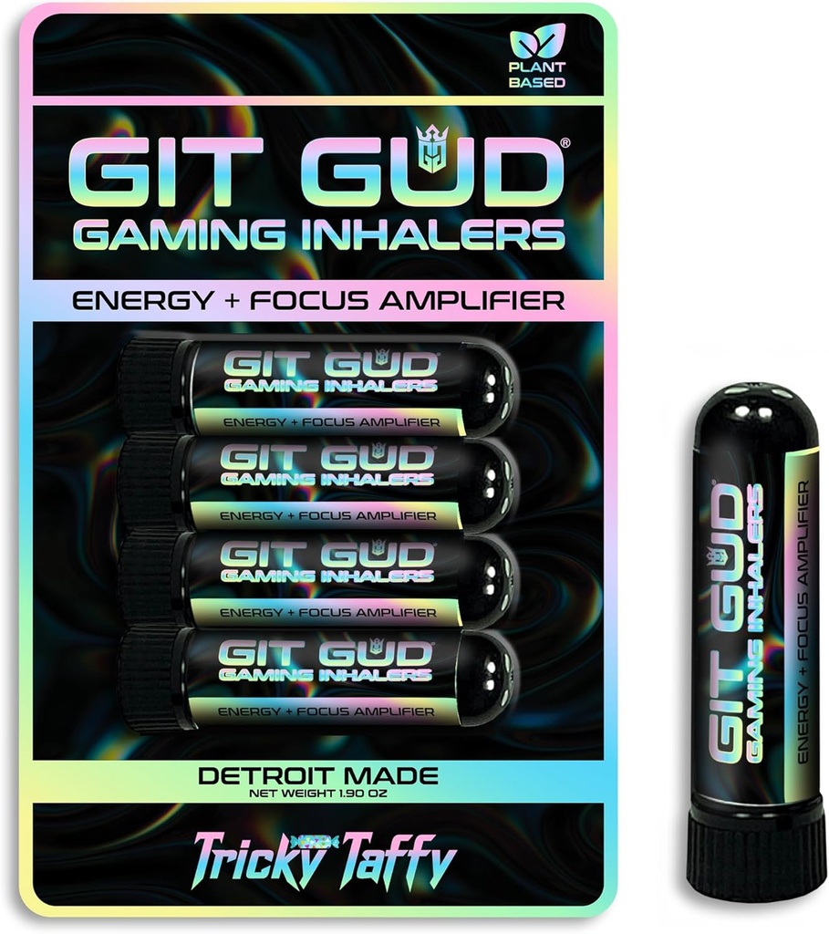 GIT GUD Energy Stick (4 Pack) Amplificatore di messa a fuoco competitivo, Aroma di rinfresco della menta, uso quotidiano, portatile usa e getta, Tricky Taffy (Taffy Mint)