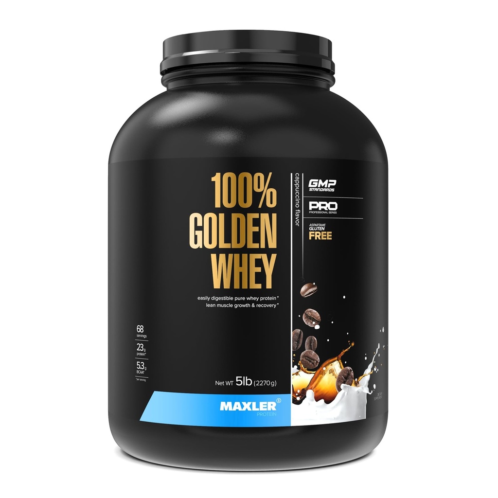 Maxler 100% Golden Whey Protein - 23g di Proteine per Serving - Premium Whey Protein Powder per Pre Post Workout - Fast-Absorbing Whey Concentrate, Isolate & Hydrolysate Blend - Cappuccino 5 lb
