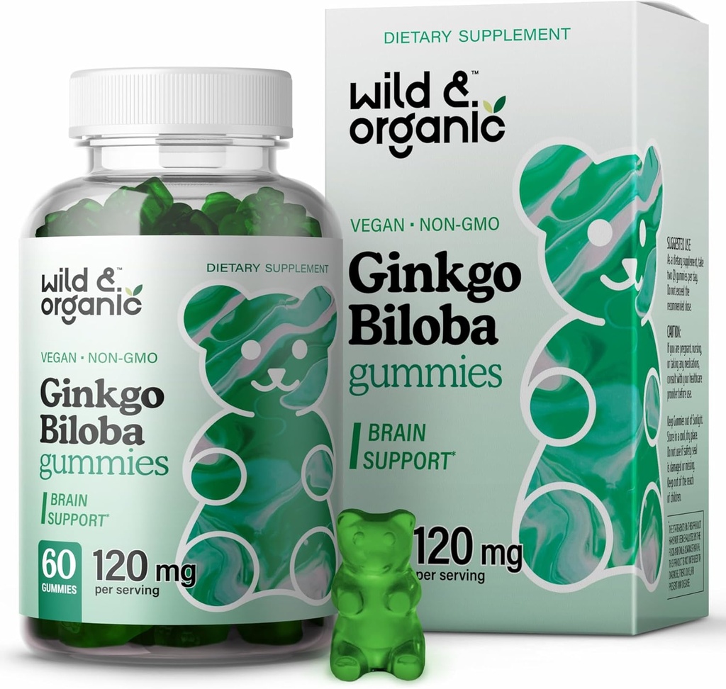 Wild & Organic Gingko Biloba 120mg Gummis - Brain Support and Focus Supplement w/Ginkgo Biloba Extract - Vegan, Non-GMO - 60 Pectin-Based Herbal Chewables