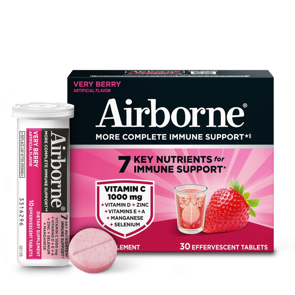 Airborne 1000mg Vitamina C con Vitamina D + Zinc Sugar Free Multivitamin Supporto Immune Effervescente Fizzy Bere Tablet, Molto Berry Flavor con potenti antiossidanti VIT A C & E, 30 compresse