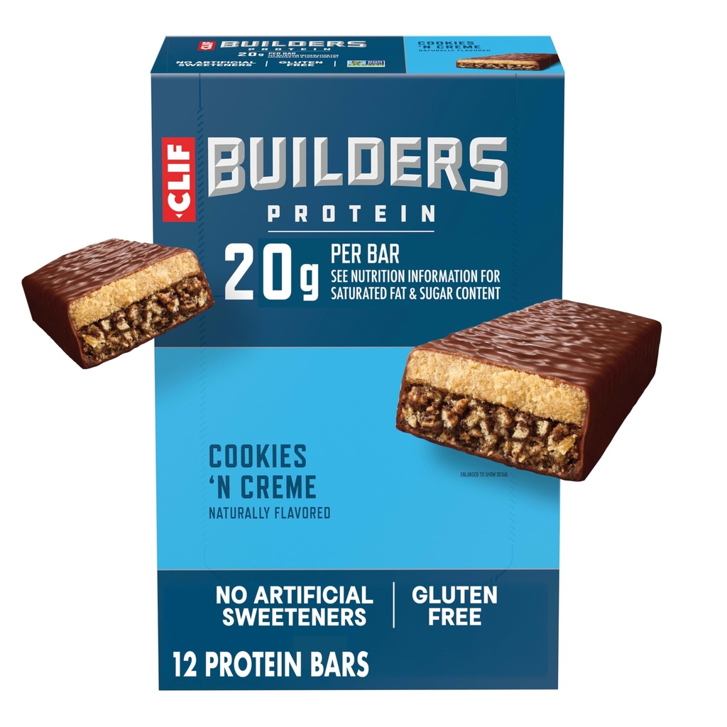 CLIF BUILDERS Protein Bars - Cookies 'n Cream Flavor - 20g Pflanzenbasiertes Protein - Glutenfrei - Non-GMO - Low Glycemic - No Artificial Sweeteners - 2.4 oz (12 Pack)