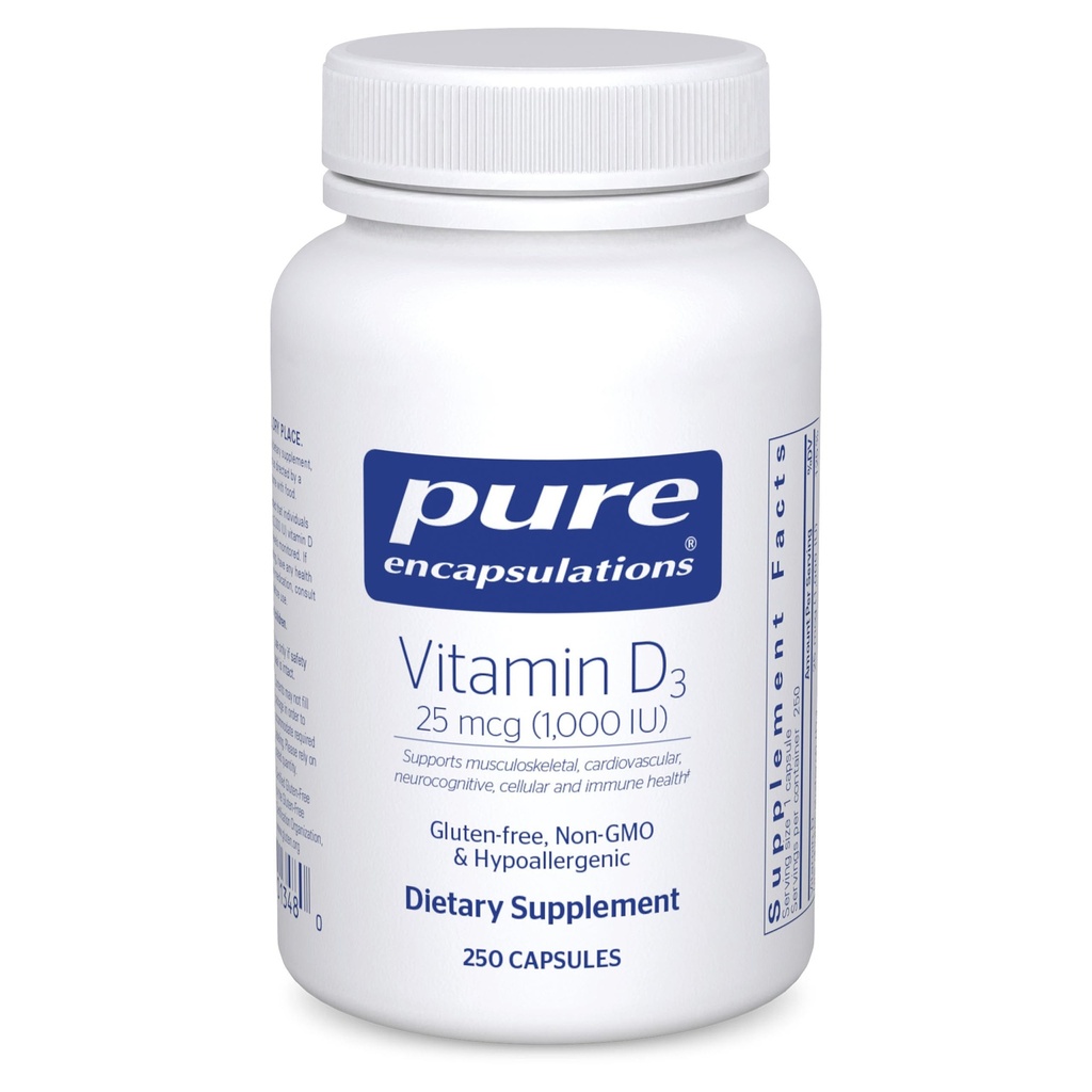 Encapsulations pures Vitamine D3 25 mcg (1 000 UI) - Supplément pour soutenir la santé des os, des articulations, des seins, du coeur, des colonies et des immunes - avec la vitamine D Premium - 250 capsules