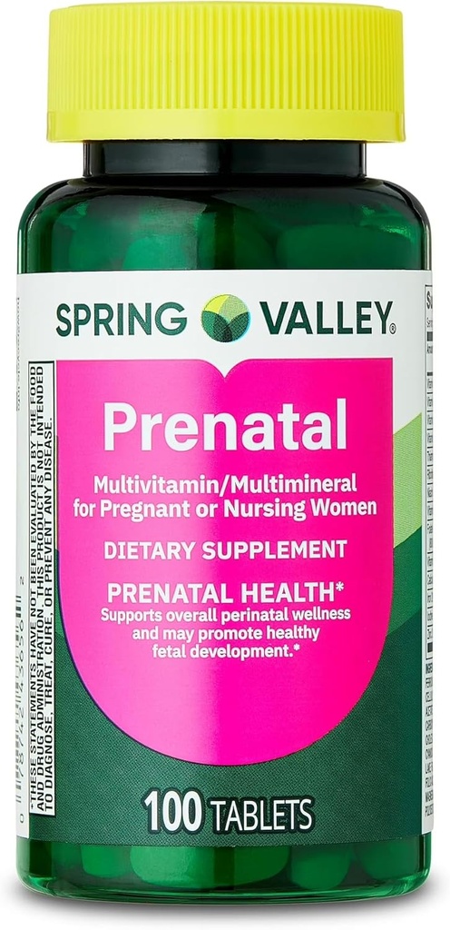 Spring Valley Multivitamines prénatales/multiminérales pour femmes enceintes et allaitantes Supplément alimentaire Comprimés, 100 comtes - New Look