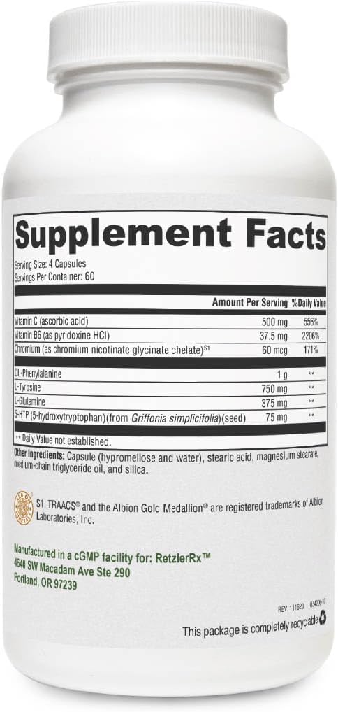 Crave Control by RetzlerRx - Unterstützung für Curb Appetit und Kampf Cravings - Chrom, DL-Phenylalanin, L-Glutamin, Vitamin B6 + 5-HTP für Mood & Appetite Unterstützung (240 Kapseln)