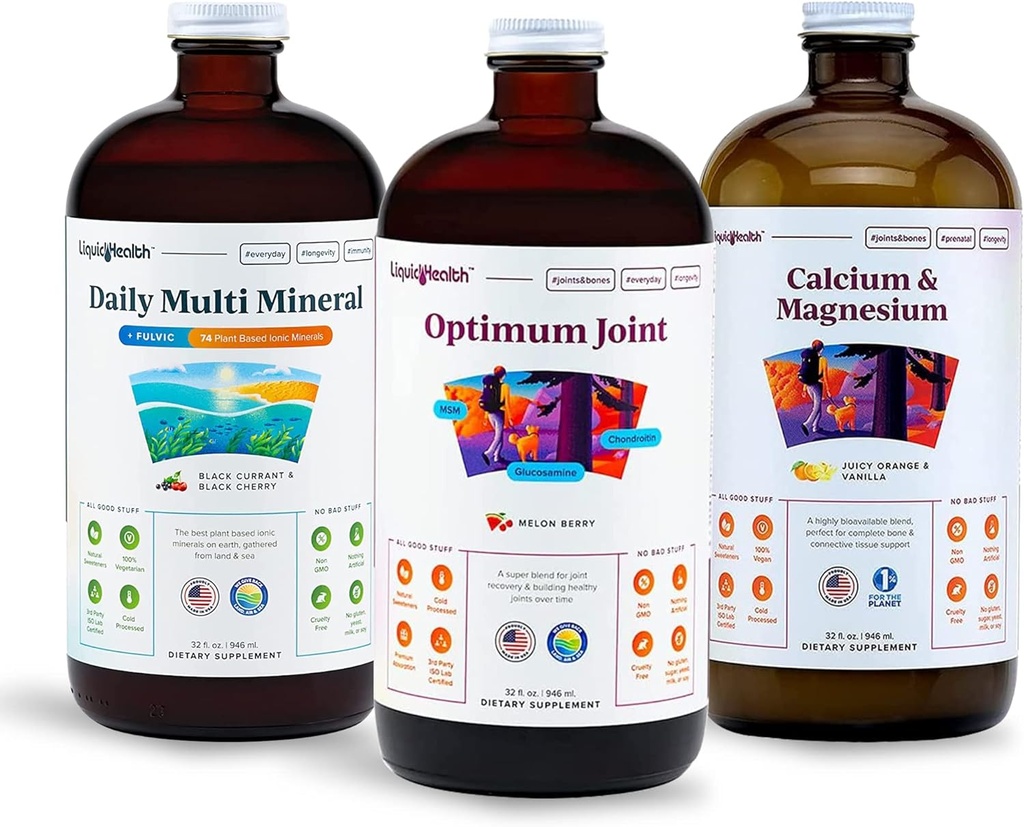 Muscoli LIQUIDHEALTH, Bones, & Joints Liquid Vitamin Bundle with Daily Multi Mineral, Optimum Joint Liquid Glucosamine, and Calcium & Magnesium Supplements - Bone & Joint Health, Vegan, Non OGM