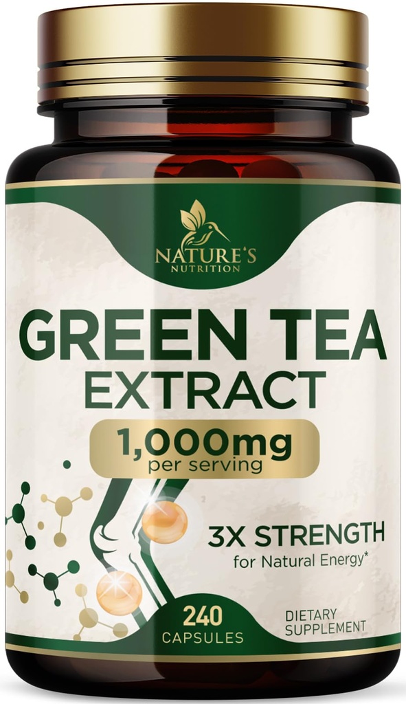 Grüner Tee Extrakt Kapseln 1000 mg - Standardisiert 45% EGCG & 98% Polyphenole - 3X Stärke Grüner Tee Pillen für natürliche Energie - Unterstützt Herzgesundheit, Kräuterergänzung, Vegan, Non-GMO - 240 Kapseln