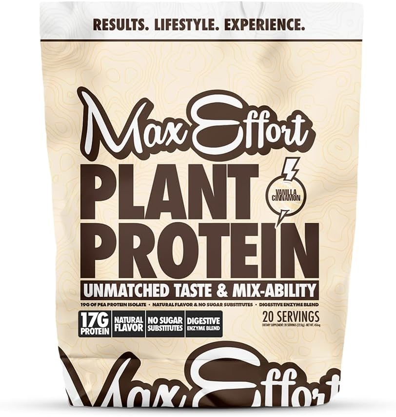 MAX EFFORT polvere proteica vegetale, 17 G Pea Protein, pianta a base, senza glutine, basso carbo, frullato proteico o Smoothie Mix, Sostituzione di pasti, No Whey, Nessun sostituto di zucchero, Vanilla Cinnamon, 20 Srvg