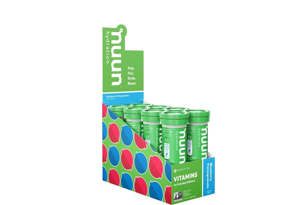 Vitamine Nuun Compresse elettrolitiche con vitamina D, C, E, A, & B6, Acido Folico, Magnesio & 4 Altri elettroliti essenziali, Gluten Free & Vegan, Pomegranate di mirtillo, 8 Pack (96 Servings Total)