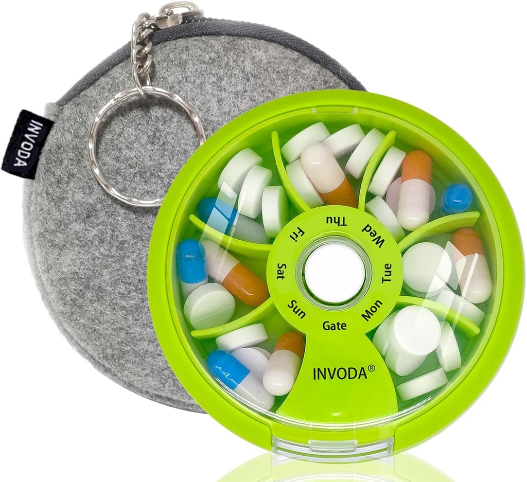 INVODA Organisateur hebdomadaire de pilules 7 compartiments Pill Box rotative pour les médicaments quotidiens et les vitamines - Portable Travel Pill Case Suppléments huile de poisson Vitamines Organisateur (Green+Bag)