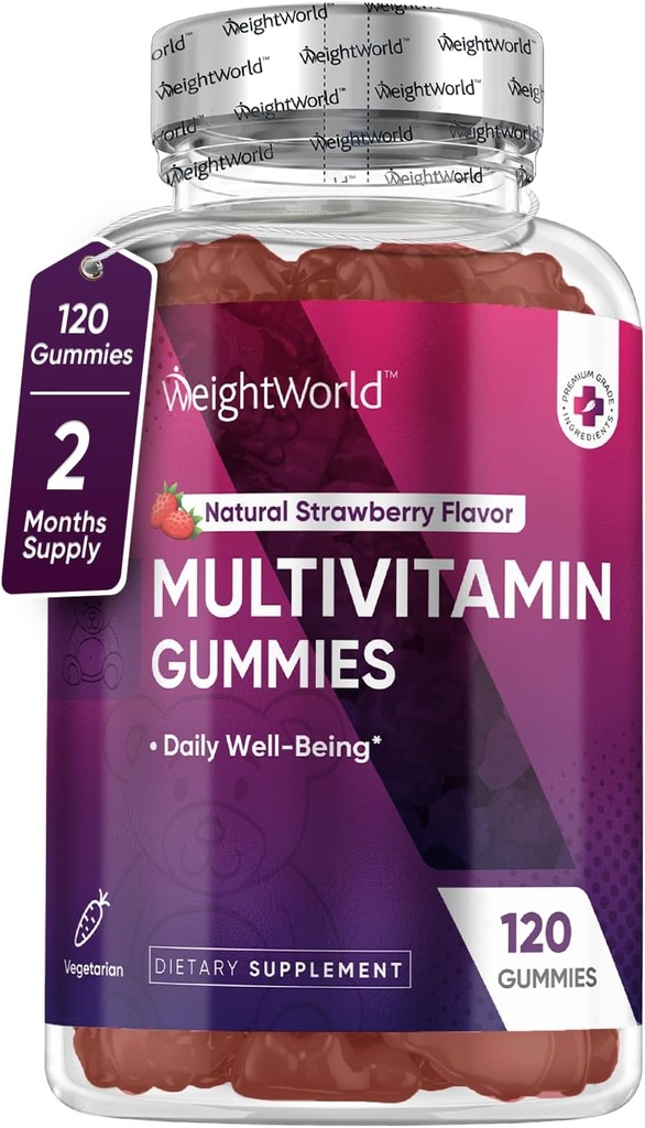 PoidsMultivitamines pour adultes dans le monde - 120 multivitamines pour hommes avec des nutriments pour le bien-être quotidien - Vitamine Gummy pour femmes végétariennes (2 mois d'approvisionnement) - Sans OGM, sans lactose et sans gluten