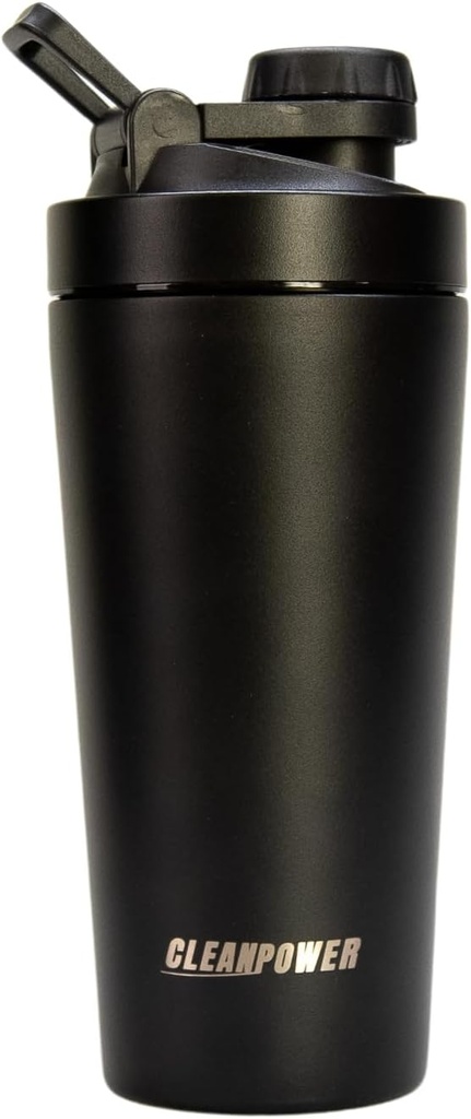 CleanPower Edelstahl Shaker Bottle | Perfekt für Protein Shakes, Pre-Workout, Smoothies, Kaffee, etc. | Odor-Resistant | BPA Free Lid (Matte Black)