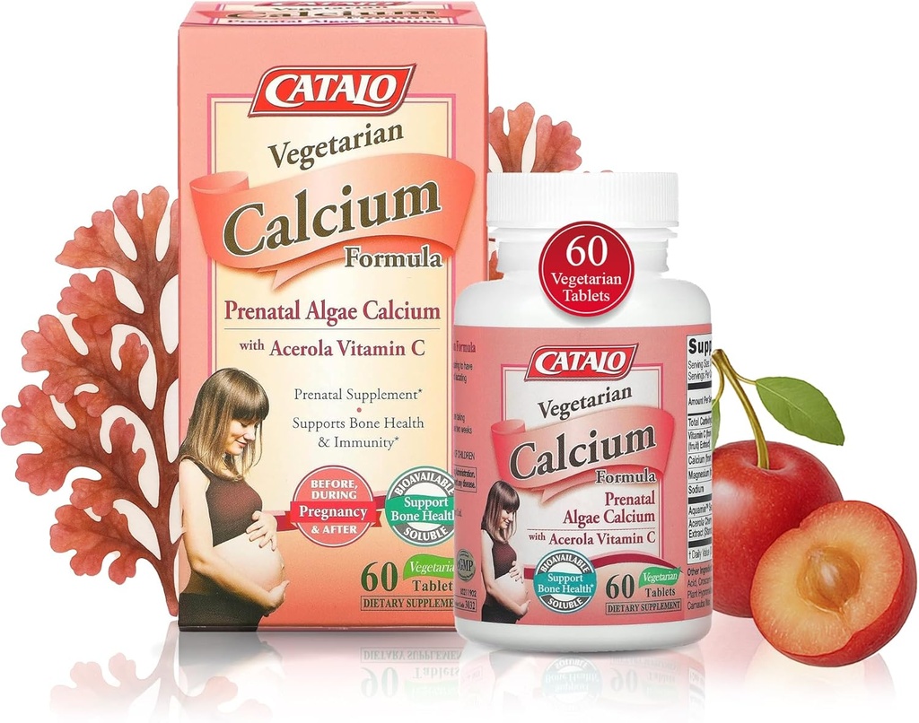 CATALO Formule de Calcium Végétarien, Calcium d'algues rouges à base végétale avec vitamine naturelle C, Facile à digérer, Riche minéral pour la nutrition quotidienne, idéal pour la grossesse et l'allaitement - 90 comprimés