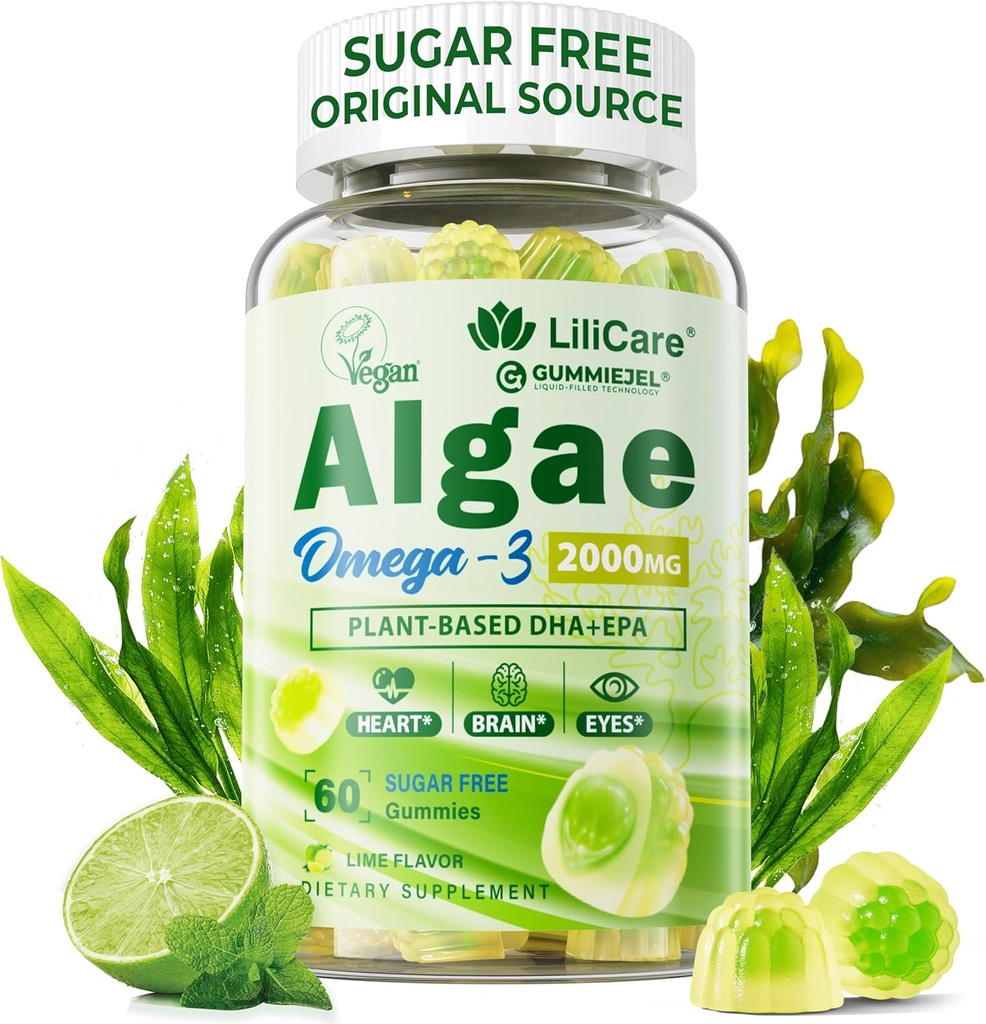 Omega 3 Gummie 2200mg von Algae Oil (DHA 640mg & EPA 290mg) für Damen und Herren, Vegan Omega 3 Fish Oil Alternative, w/CoQ10, Astaxanthin, Vitamin A, E, D3 für Brain, Auge, Antioxidant, Sugar Free, 1Pack