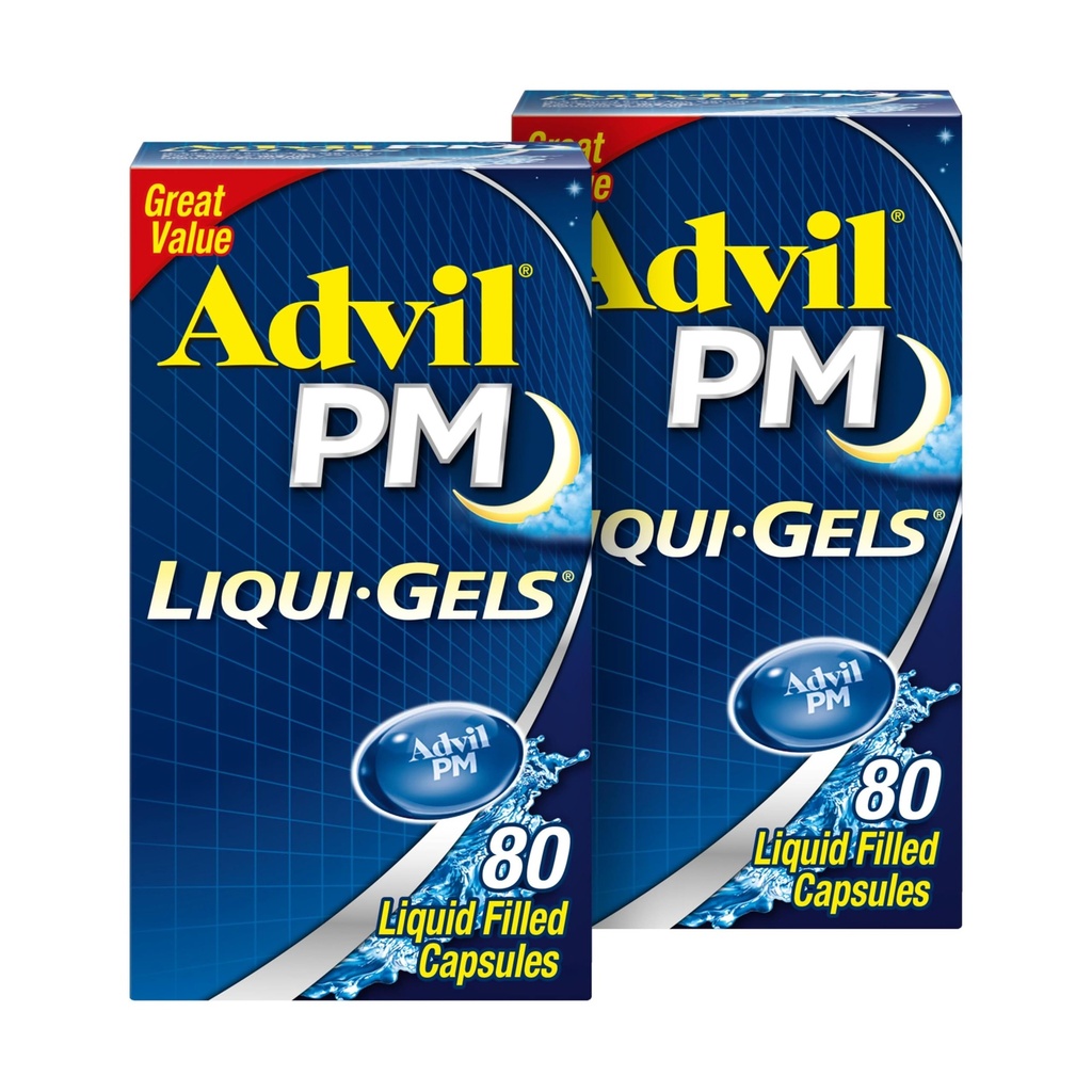 Advil PM Liqui-Gels Schmerzlinderung und Nacht Schlafhilfe, Schmerzmedizin mit Ibuprofen für Schmerzlinderung und Diphenhydramin HCL für eine Schlafhilfe - 2x80 flüssige gefüllte Kapseln
