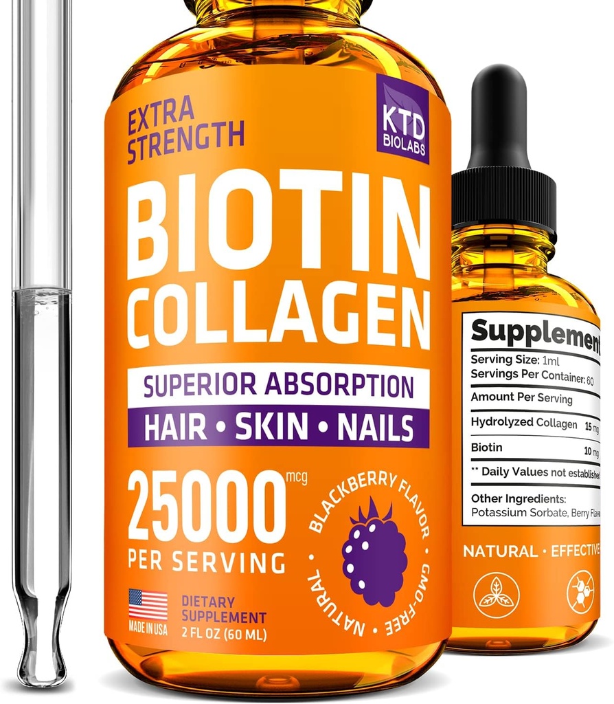 Collage liquido e gocce di biotina per la crescita dei capelli 25.000 mcg - Made in USA Collagen & Biotin Vitamine per la pelle e le unghie dei capelli - Collage idrolizzato e Biotin Supplemento per le donne e gli uomini