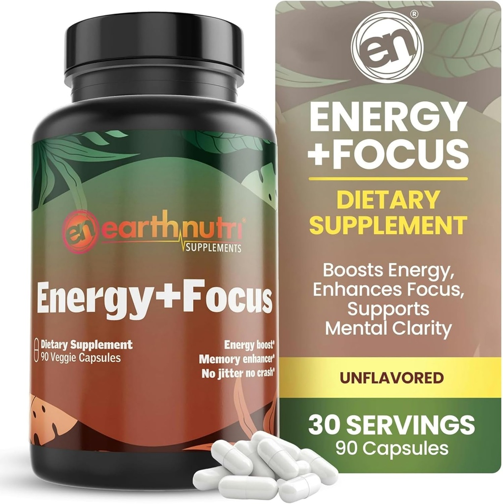 EarthNutri Energy + Focus Supplement - Energy Boost & Memory Enhancer mit PeakO2, AlphaSize, Cognizin, PurCaf, Theacrine, Acetyl L-Carnitin und L-Tyrosin - 3 Kapseln pro Servieren