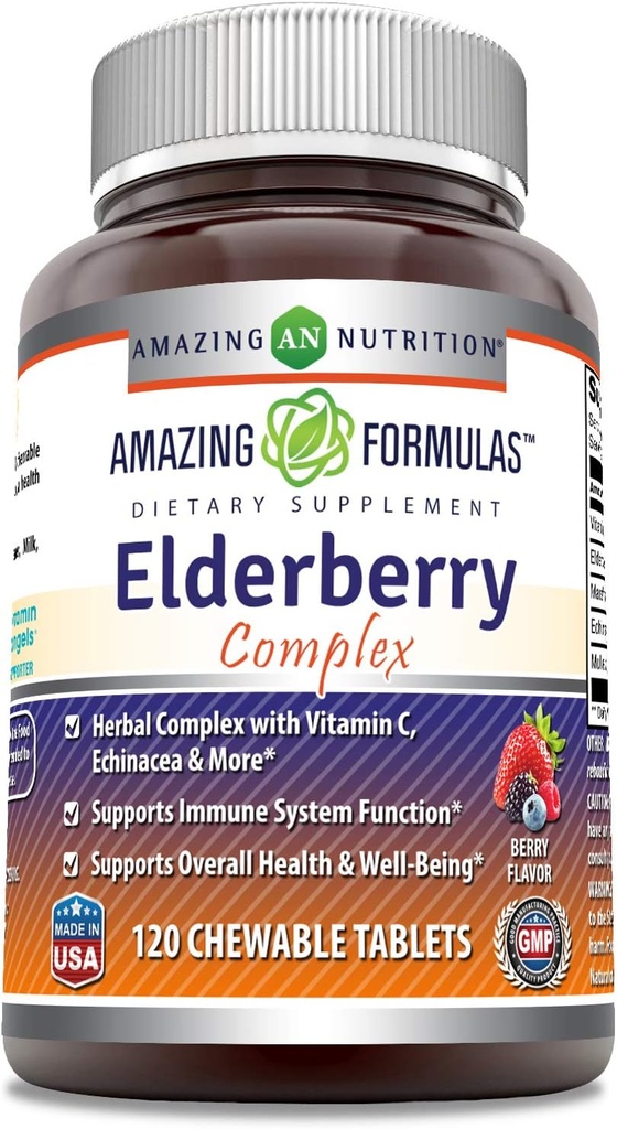 Erstaunliche Formeln Elderberry Complex Supplement | 120 Kaubare Tabletten | Berry Flavor | Non-GMO | Gluten-Free | Made in USA