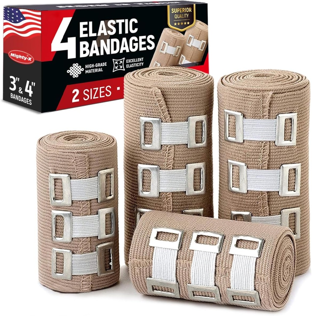 Avvolto elastico Premium - 4pk (2x3in, 2x4in) + 12 clip extra - Roba forte della fascia di compressione per polso, caviglie, piedi e ginocchio