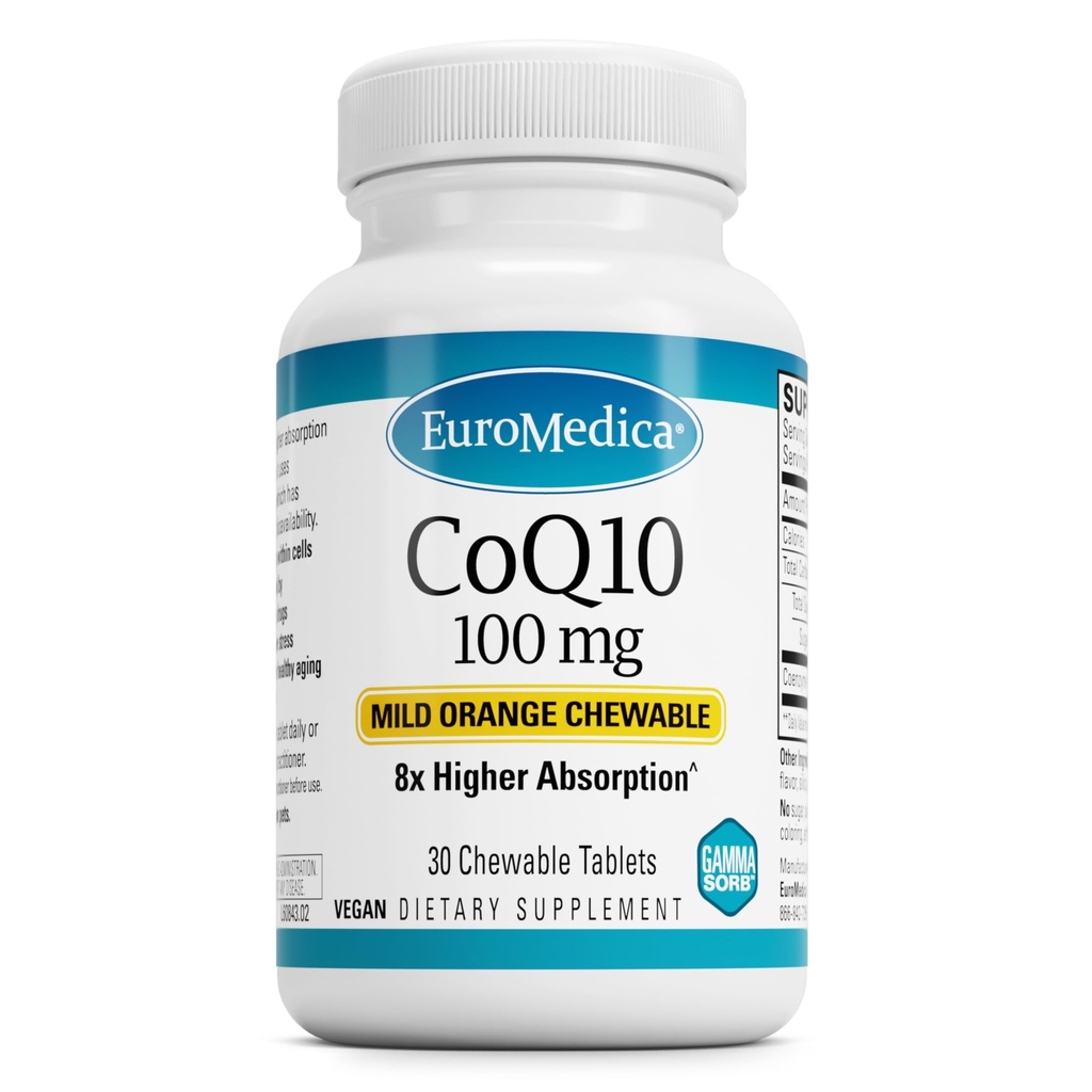 EuroMedica CoQ10 100 mg - Supplément de soutien à l'énergie cellulaire - Supplément à l'absorption plus élevée CoQ10 - Supplément nutritionnel pour aider le vieillissement en santé et la santé du cerveau - 30 comprimés à croquer
