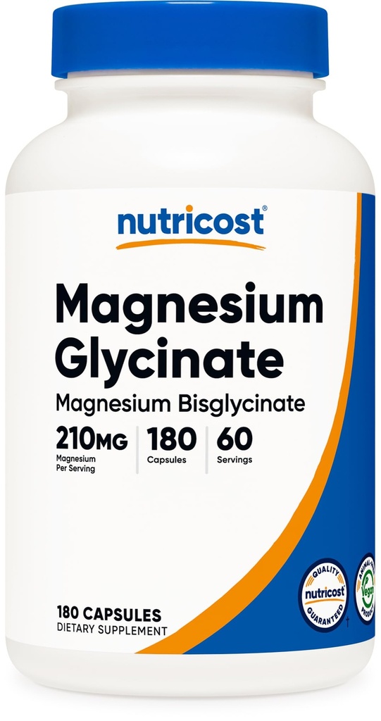 Nutricost Magnesio Glycinate Capsule (180 Capsule, 210 mg Per Serving) - Magnesio Glycinate Supplemento per Assorbimento Gentle