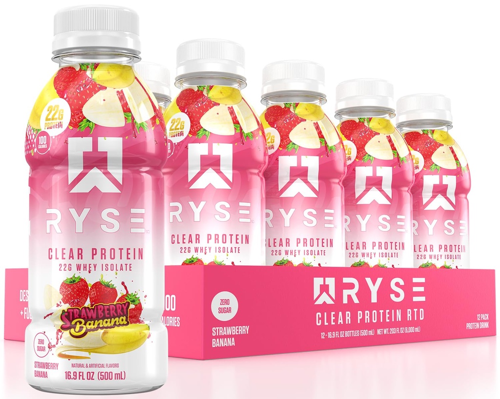 RYSE boisson de protéines claires - banane fraise - 100 calories, 22g de lactosérum isolat de lactosérum, sans sucre, 0g de graisse et sans lactose - rafraîchissement de la boisson prête à boire - 16,9 fl oz bouteilles (12-pack)