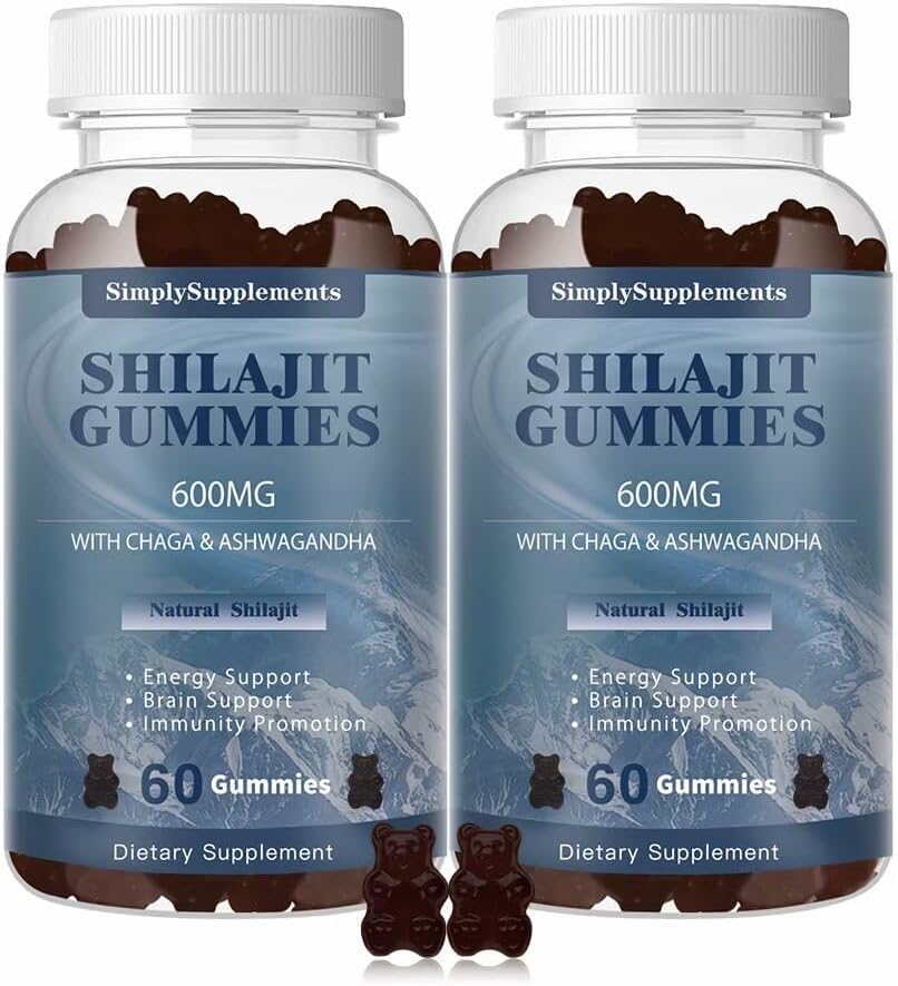Shilajit Gummies 600mg, Shilajit Ergänzung mit Trace Minerals & Fulvic Säure für Energie und Immunität Unterstützung, Organische Shilajit Harz für Männer & Frauen, Vegan, 60 Gummi (2 Pack)