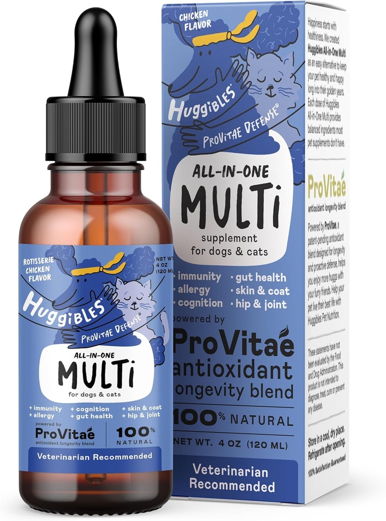 Multivitaminico liquido multi-in-uno per cani e gatti – Supplemento giornaliero con Digestivo, Immunità, Allergy & Skin & Coat Support, Mobility Support – Miscela antiossidante per longevità, 4oz