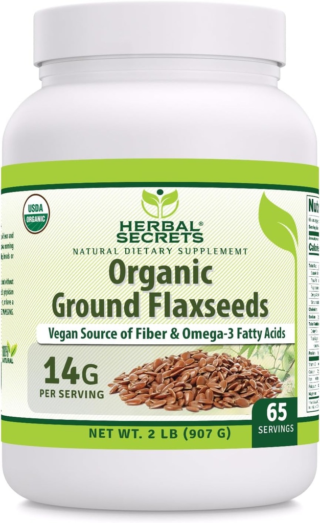 Herbal Secrets USDA Organic Ground Flaxseeds 2 Lbs Pulver | 14 Gramm pro Servieren | 65 Servierungen | Ausgezeichnet Vegan Quelle von Fiber & Omega -3 Fettsäuren | Non-GMO (2 Lb | 1 Pack)