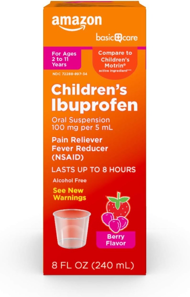 Grundpflege Kinder Ibuprofen Oral Suspension, 100 mg pro 5 ml, Schmerzlinderung und Fever Reducer, Berry Flavor, Für Sore Throat, Kopfschmerzen Relief und mehr, 8 fl oz (Pack von 1)