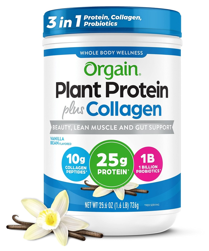 Orgain Protein Powder + Collagen, Vanilla Bean - 25g Protein, 10g Collagen Peptide, Typ I & III, 1B CFU Probiotics, Unterstützt Haar, Haut, Nagel, Joint & Gut Health, Glutenfrei - 1.6lb