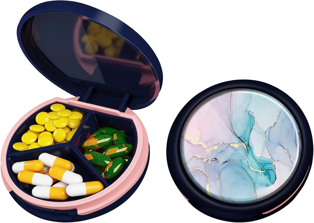 Serfeymi Small Pill Box - 3 scomparti Portatile Pill Box per Purse Pocket, Compact Mini Travel Pill Case - Adatto per Medicina, Vitamina, Olio di Pesce, Integratori - Blu scuro (Marmo)