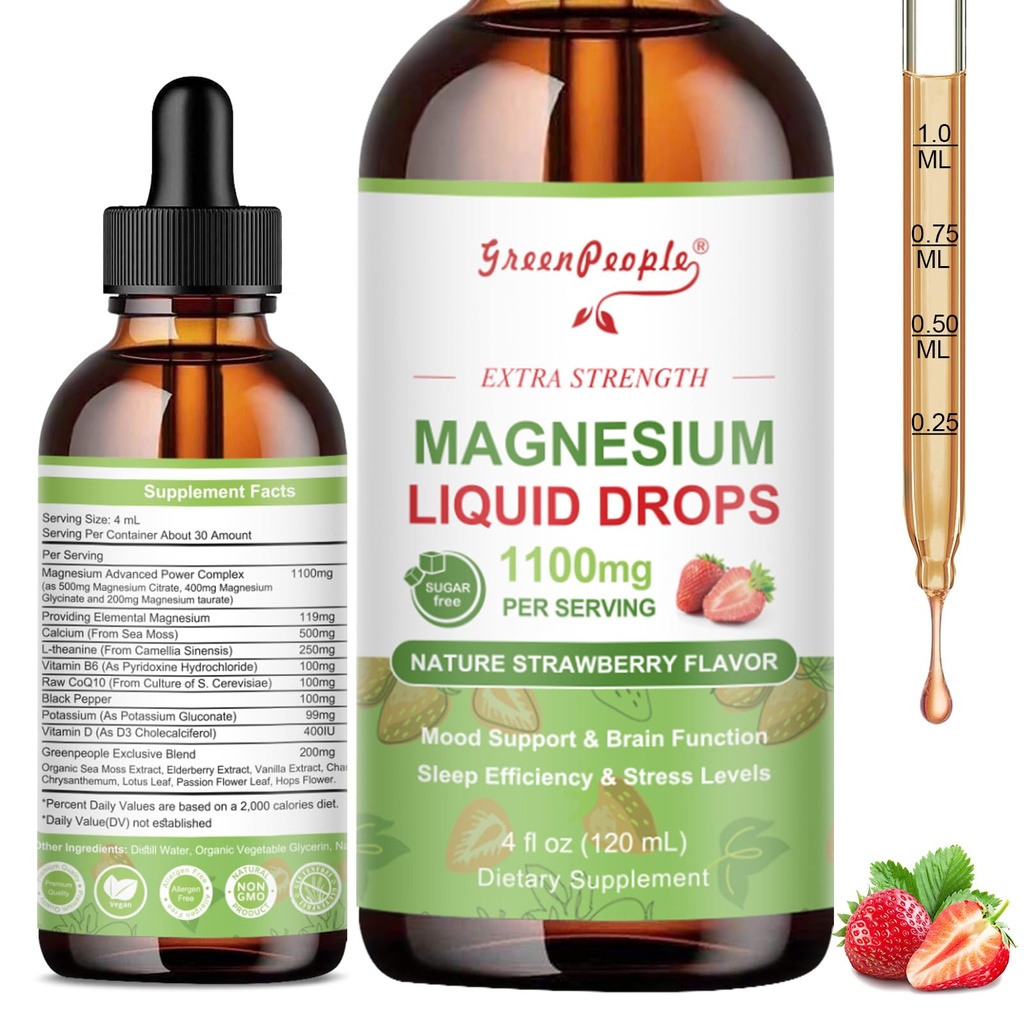 GREENPEOPLE Glycinate de magnésium goutte liquide - 17-en-1 4Fl. Oz Triple supplément complexe de magnésium avec Glycinate 400mg & Citrate 500mg Taurate/L-Theanine pour l'humeur calme/muscle/sleep,Flaveur de mûrier